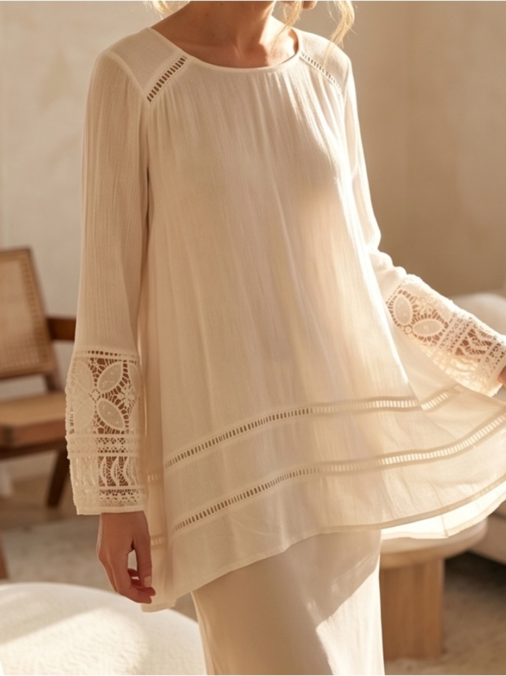 Sun & Shadow Cream Long Sleeve Boho Lace-Trim Peasant Top